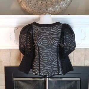 NWT Gracia boutique puff sleeve back button black on black sheer blouse size Lrg